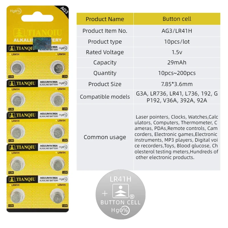 topOriginal TIANQIU 10-200PCS AG3 Watch Battery 1.5V G3A LR736 LR41 GP192 V36A 392A Alkaline Button Coin Cell Batteries for Watc