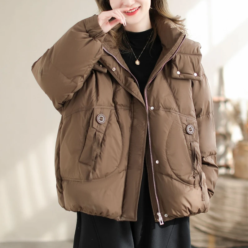 Women's Puffer Coats Winter New Outerwears Simple Solid Casual Pocket Parker Stand-up Collar Thickened Warm Short Down Jackets