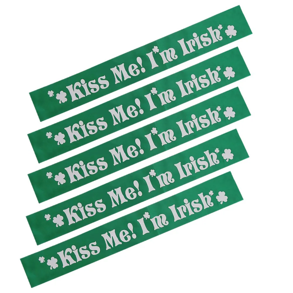 5 uds. De fajas de fiesta verdes, correas de hombro con estampado de letras de trébol de satén para suministros festivos para fiestas del Día de San Patricio