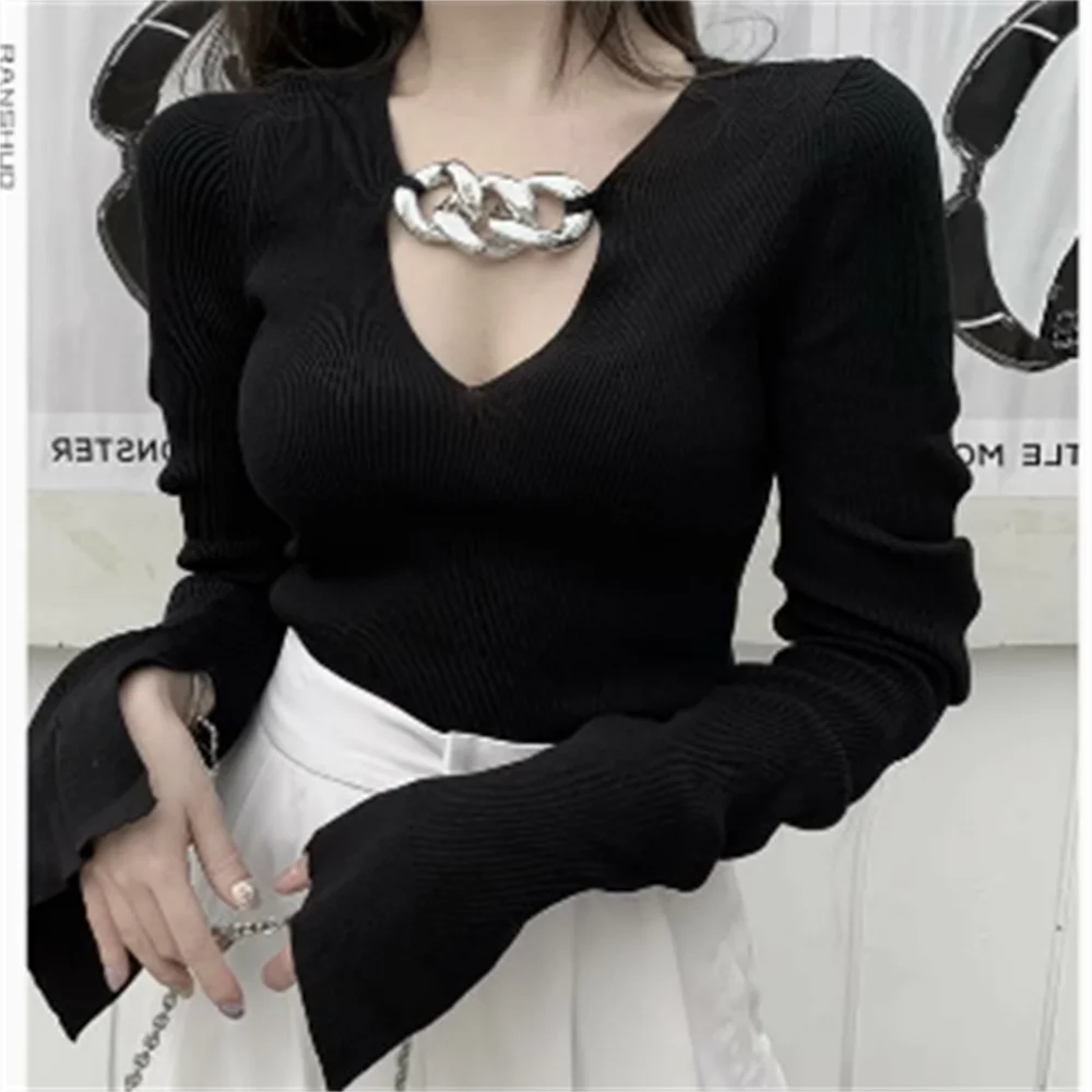 

Metal chain long-sleeved knitted shirt spring autumn autumn and winter