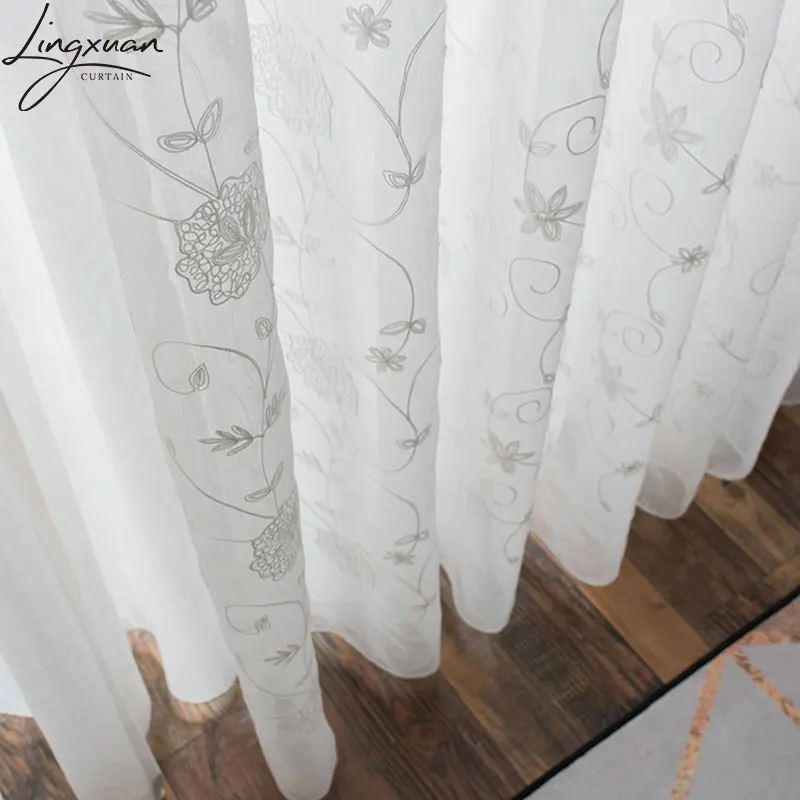 White Floral Sheer Curtain For Living Room Korean Embroidered Linen Tulle Window Curtains For Bedroom Kitchen Voile Blinds Door