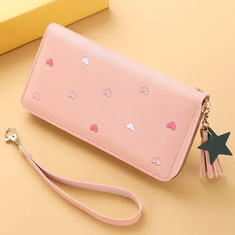 Cartera larga con borla impresa para mujer, bolso de mano de gran capacidad con cremallera, monedero para teléfono móvil