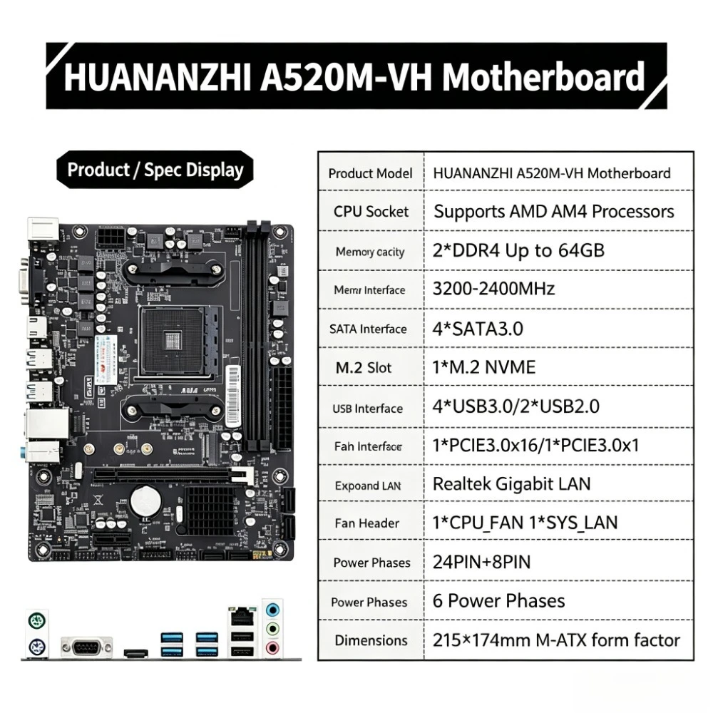 HUANZHI A520M-VH AM4 Motherboard Supports AMD Socket AM4 Ryzen Series CPU M.2 NVMe DDR4  Dual Channel Gaming Motherboard