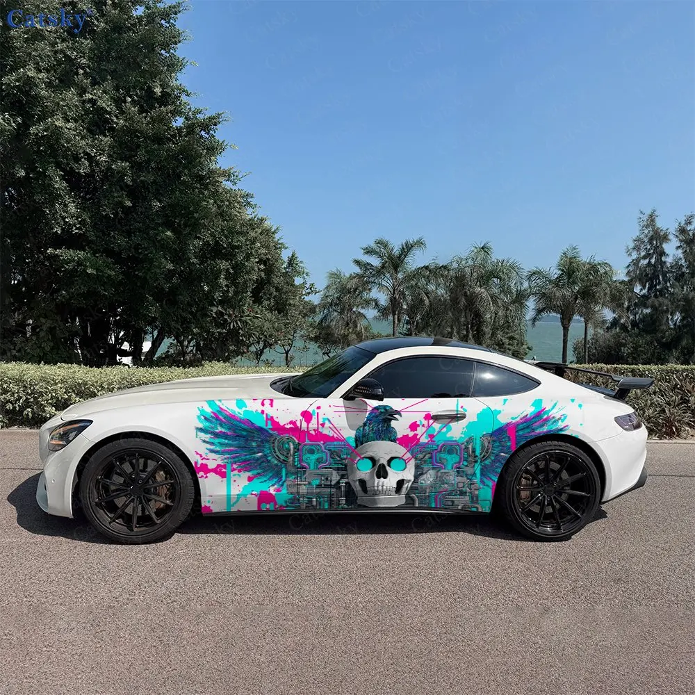 2Pcs Punk Mechanical Skull Raven Car Side Wraps, Self-Adhesive PVC Waterproof & Scratch-Resistant Stickers, Car Accessory Gift