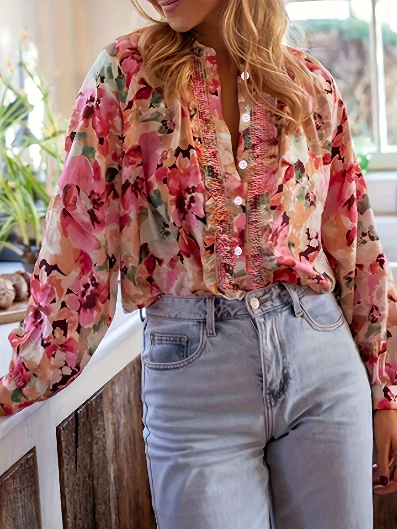 2025 New Fashion Printed Button-Down Shirts Women Summer Casual Loose Lace Round Neck Long Sleeve Home Tops For Women