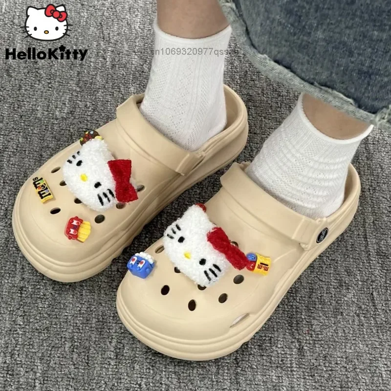 New Hello Kitty Versatile High Beauty Women's Hole Sandals Shoes With Anti Slip Summer EVA Cool Slippers Thick Bottom Shoes