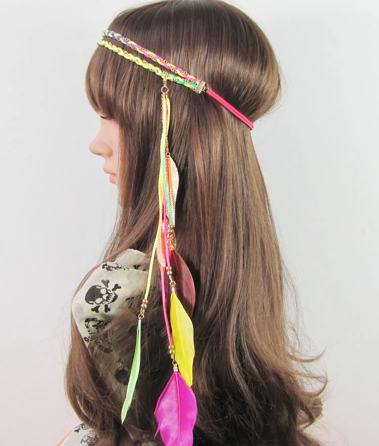 New Fashion Women Colorful Feather Headband Double Layer Spandex Velvet Striped Ribbon Bohemian Indian  Leaf Hair Band A5005