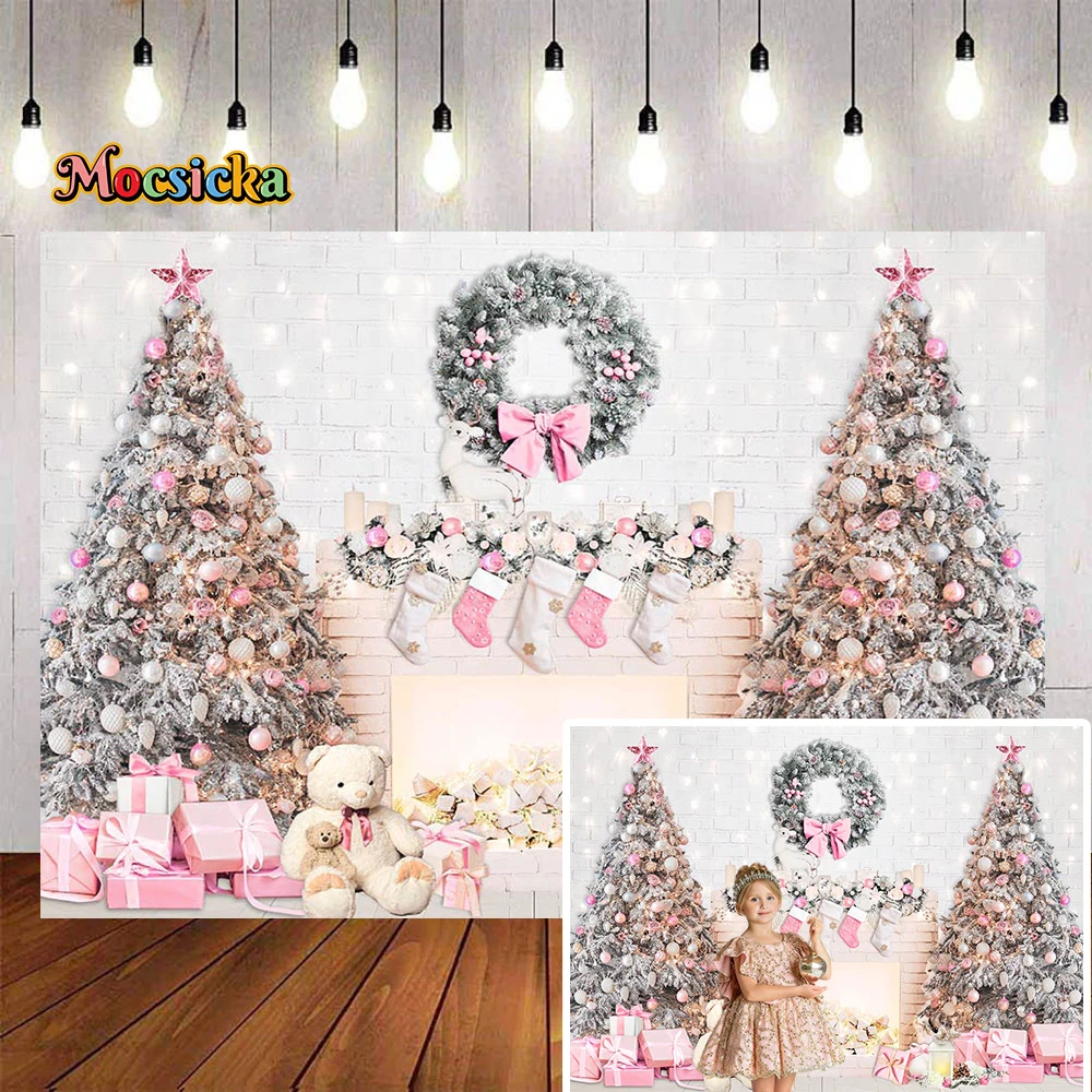 

Mocsicka Pink Christmas Photography Background White Fireplace Brick Wall Xmas Tree Garland Backdrop Kids Gift Photobooth Studio