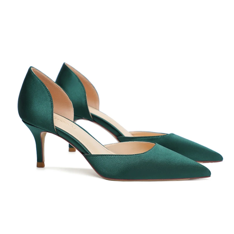 Dark Green Satin Pumps Women New Sexy Pary Dress High Heels 6cm Medium Stiletto Pointed Toe Slip-on Hollow Daily Wear Shoes