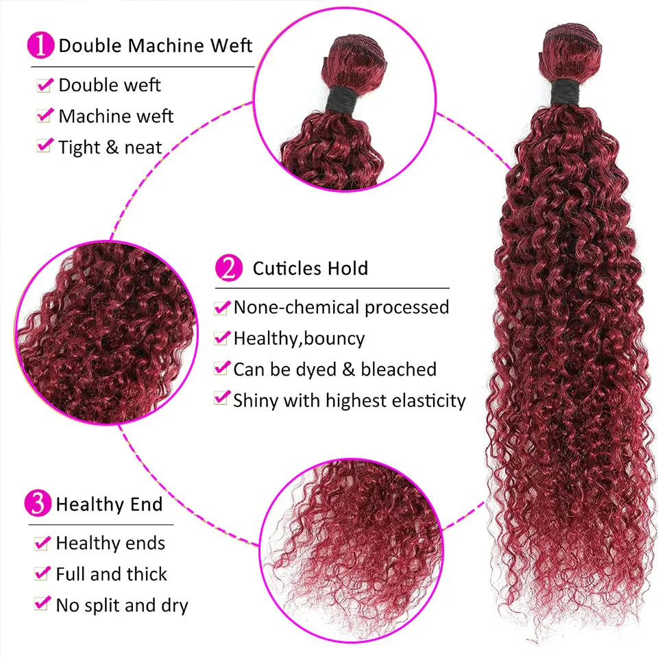 #99j Burgundy Bundles Human Hair Curly Brazilian Raw Wine Red #99j Human Hair Bundles Weaving Extensions 10-28 Inch For Women