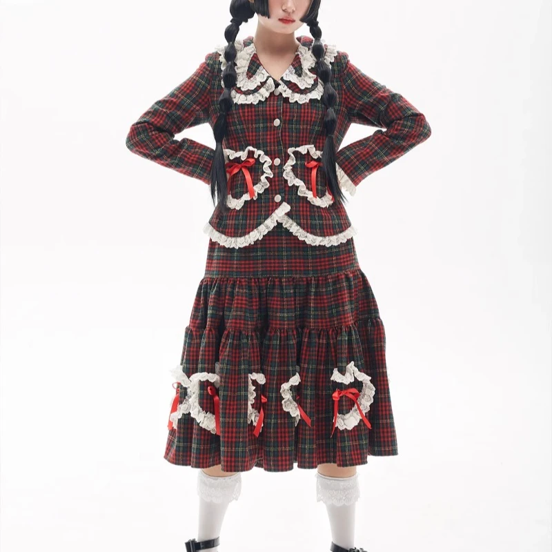 Original Design Japanese Blazer Retro Red Lolita Autumn And Winter Y2K Thin Bow Ruffle Edge Cute Sweet Beautiful Women's Coat