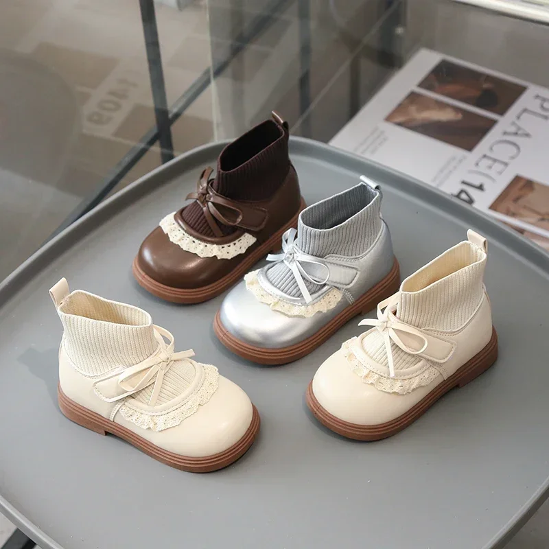New Little Girls Knit Sock Ankle Boots Hook and Loop Bow Strap Lace Ruffle Non Slip Sole Kids Cute Princess Daily Dress Footwear