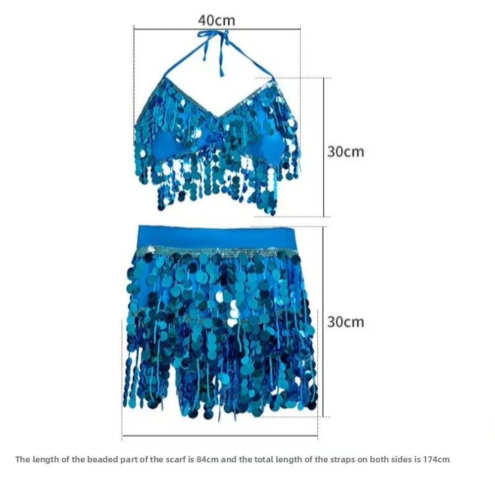 Spódnica do tańca brzucha z cekinami, wysoki stan, top z frędzlami, biustonosz taneczny, pasek, seksowne frędzle, biustonosz typu halter, odzież uliczna