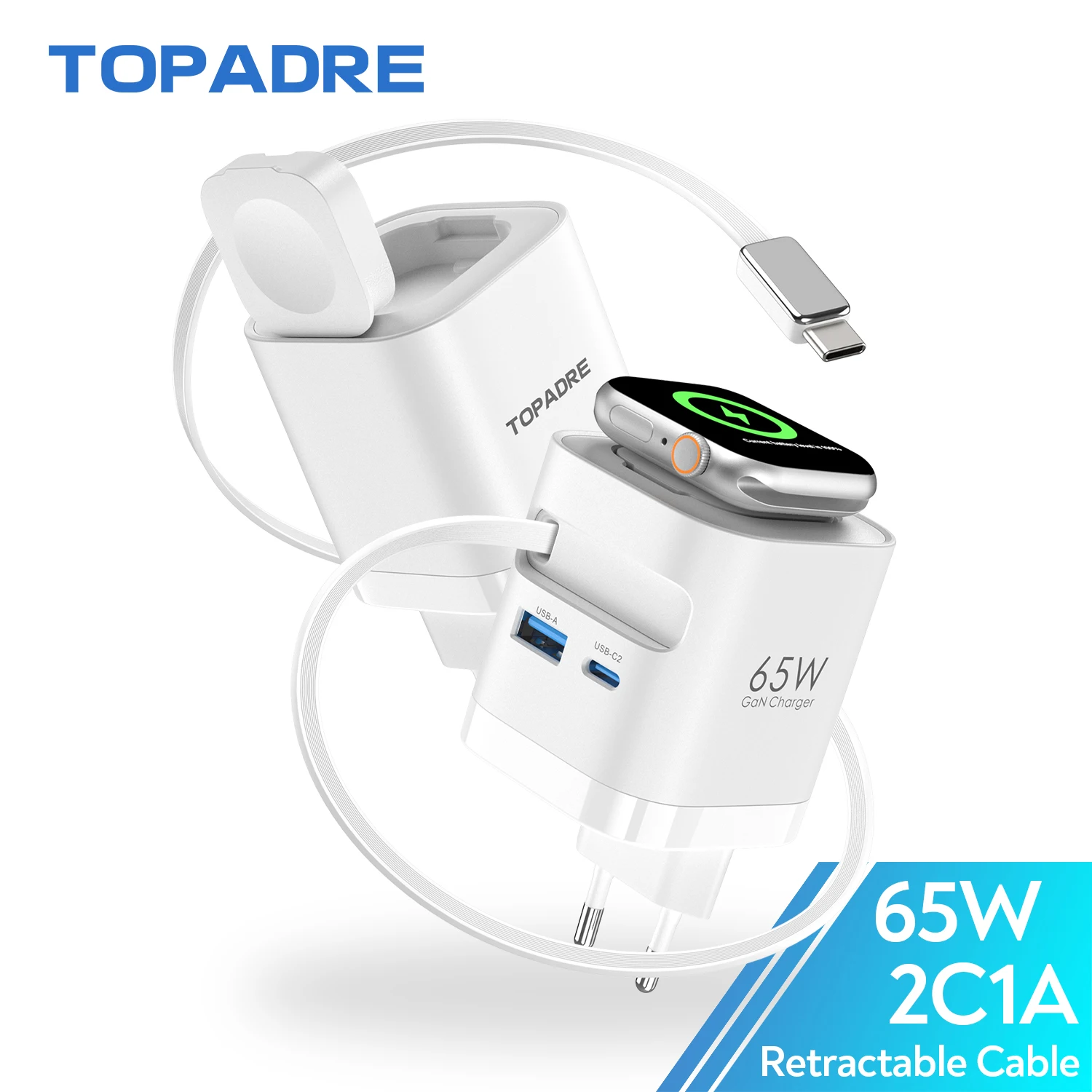 TOPADRE Einziehbares 65W Kabelloses Ladegerät für Apple Watch, Schnellladung für Macbook, für iPhone, iPad Smartphone, Faltbar