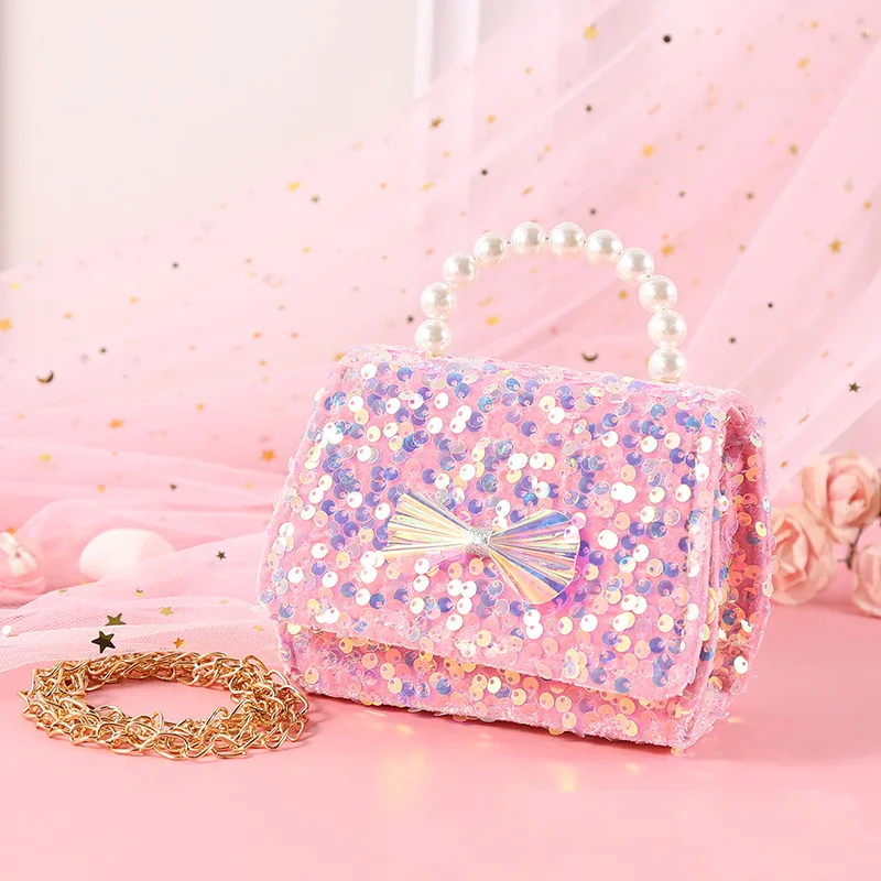 Cute Princess Crossbody Bags for Girl Sequin Bow Trendy Hand-held Pearl Women Shoulder Bags Diagonal Chain Purse and Handbags