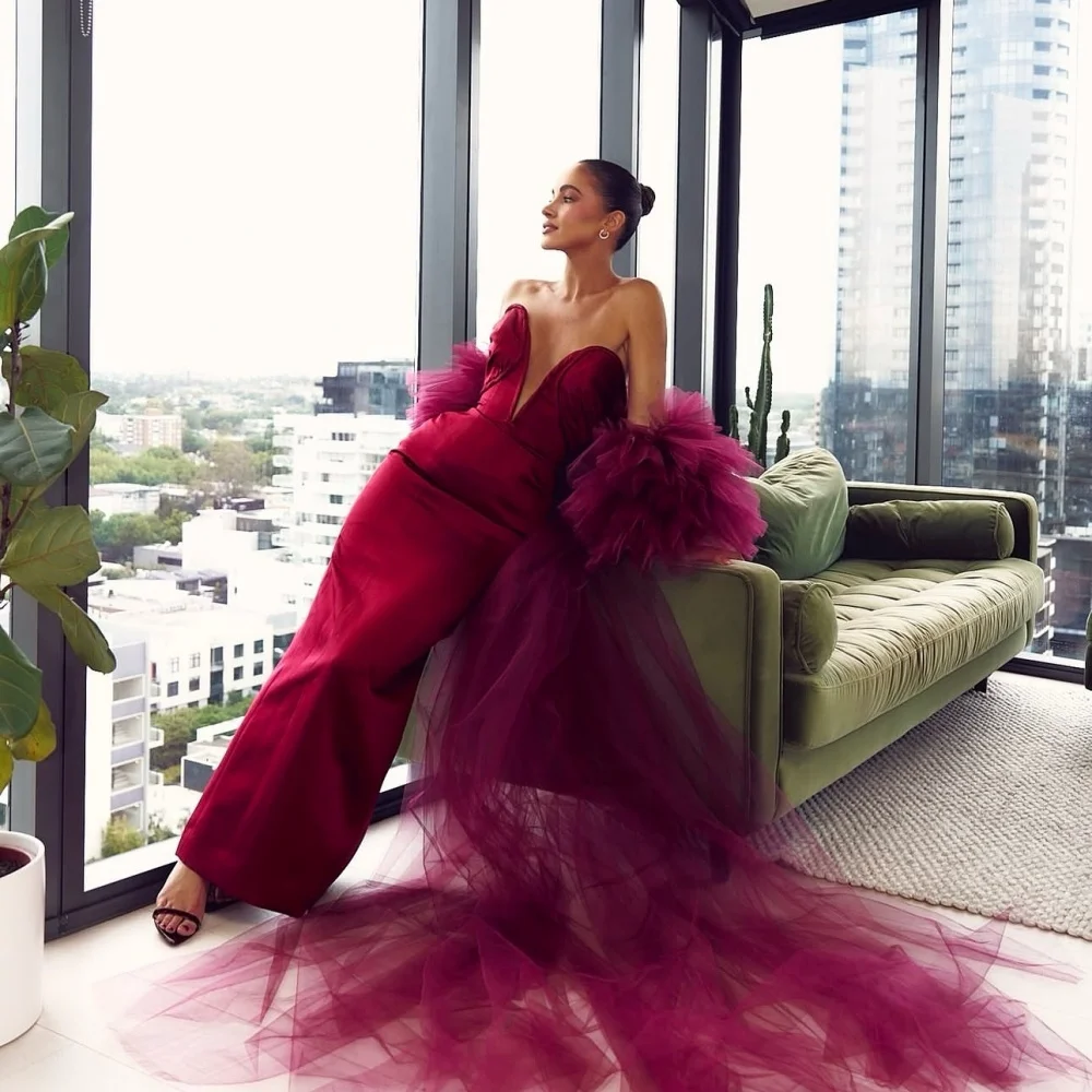 Amanda Customized Red With a Shawl Mermaid Prom Dresses Satin vestidos de noche V Neck Floor-Length Floor-Length Formal Evening