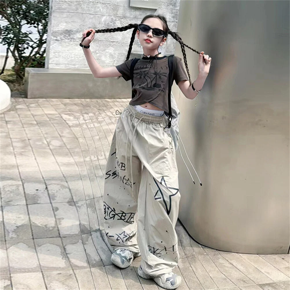 2475 Coconut Tree Print Summer Youngsters Street Dance Pants Children\'s Casual Girls Cargo Pants Korea Wide Leg Pants