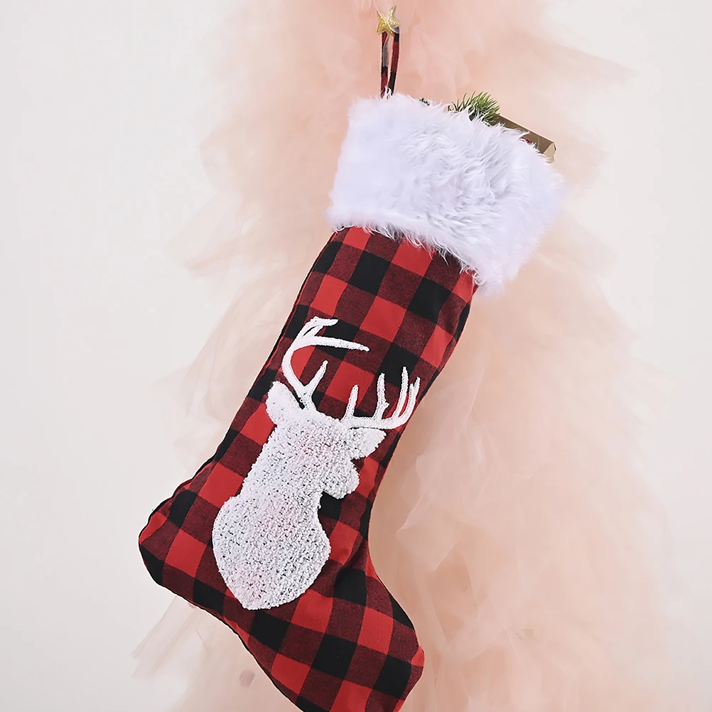 

2 Pcs Christmas Stocking Gift Bag Tree Decoration Holiday Stockings Dining Table for Parties Plaid Cloth Decorations Party