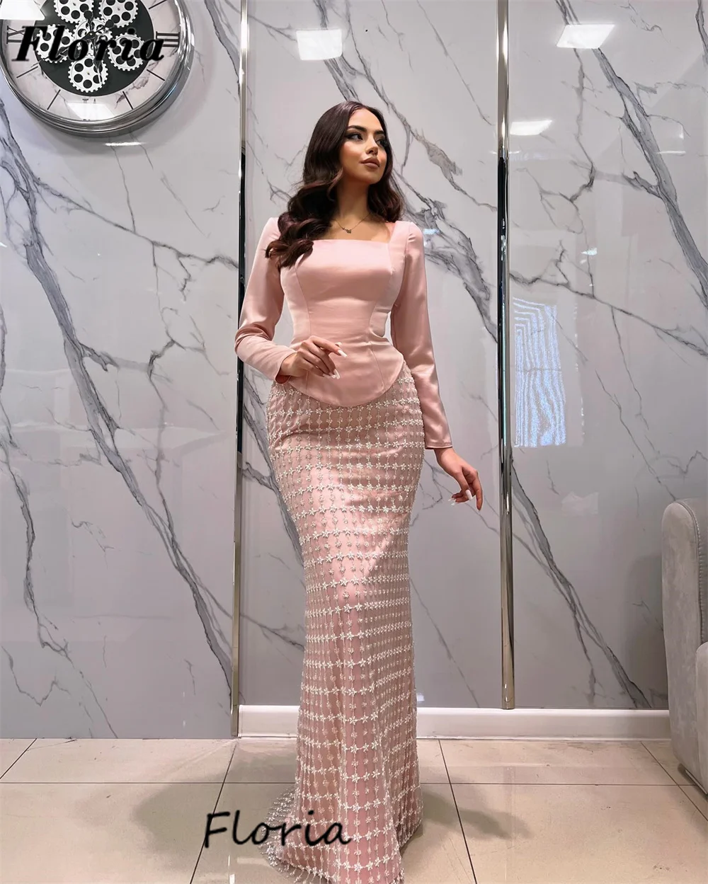 

Arabic Pink Mermaid Evening Dresses Muslim Long Sleeves Women Party Dress For Wedings Beading Gowns Vestidos De Noche Customized