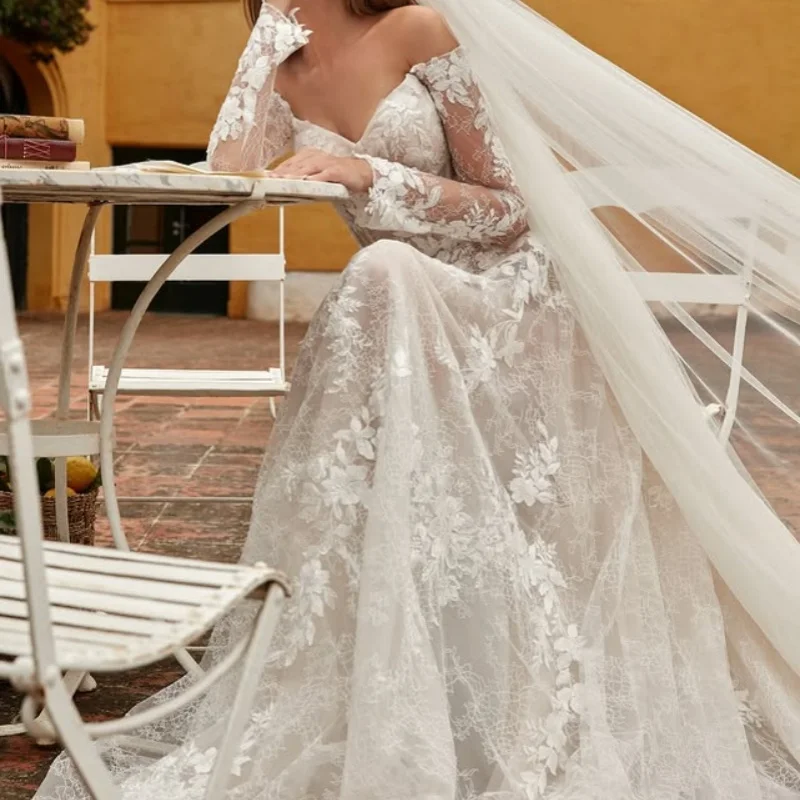 

Свадебные платья цвета слоновой кости с аппликацией и открытыми плечами, юбка с цветочной наклейкой, свадебные платья на заказ