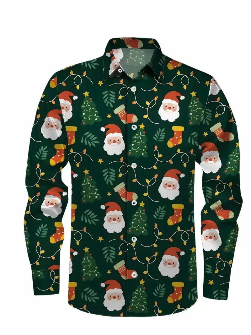 2026 يبتسم عيد الميلاد ثلاثية الأبعاد هدية الكرتون طباعة جديد قميص طويل الأكمام حفلة علوية السنة الجديدة عيد الميلاد قميص طوق زر حتى قميص