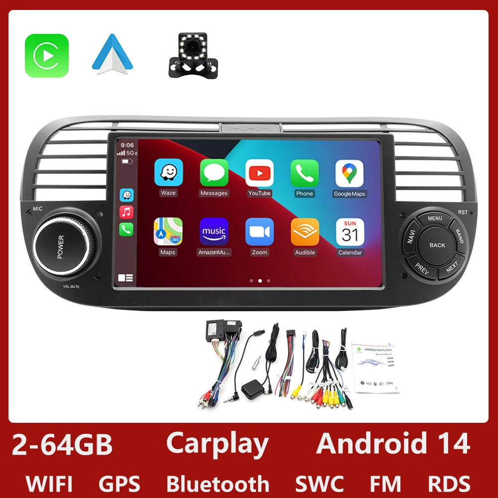 Android 14 autoradio voor FIAT 500 2007-2015 CarPlay Android Auto multimediaspeler GPS navigatie WIFI Bluetooth