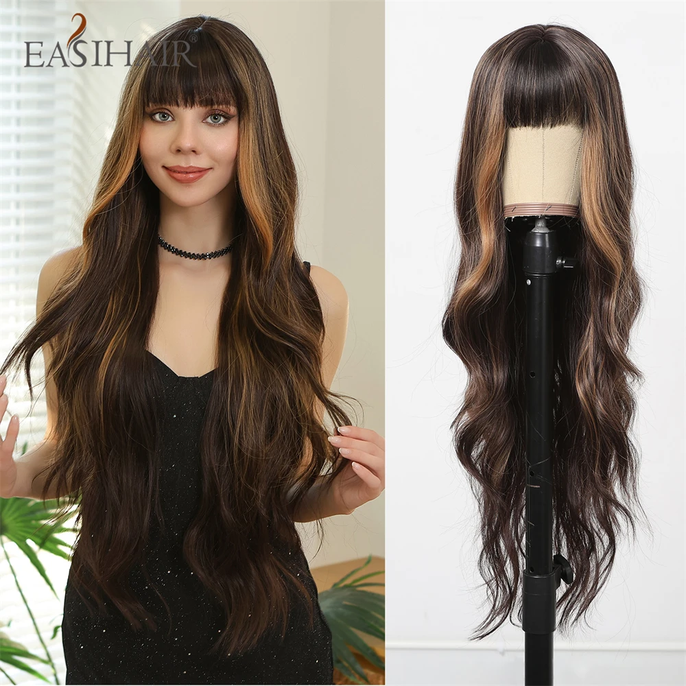 EASIHAIR Long Wavy Brown Wigs with Blonde Highlights Women Wigs with Bangs Daily Cosplay Afro Brazilian Hair Wigs Heat Resistant