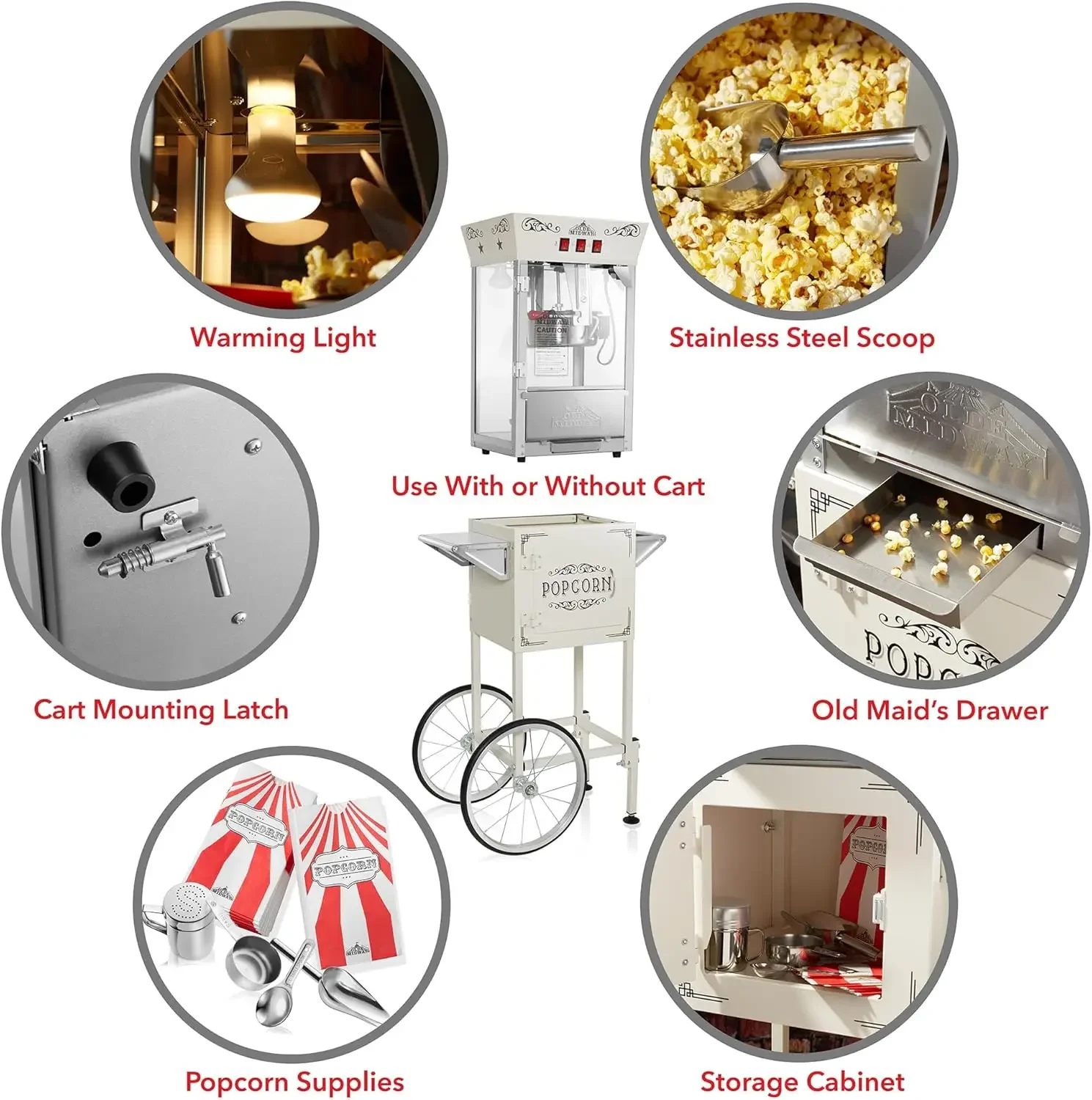 เครื่องทําป๊อปคอร์นสไตล์โรงละครภาพยนตร์ Midway พร้อมรถเข็นและกาต้มน้ํา 10 ออนซ์ - ครีม ป๊อปเปอร์สไตล์วินเทจบนล้อ