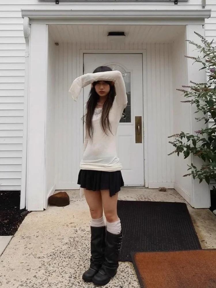 Y2k ريترو ستايل ملابس الشارع الشهير كم طويل تي شيرت المرأة طباعة عادية سليم القمم مثير شيك لون نقي خمر س الرقبة 2025 الخريف #2