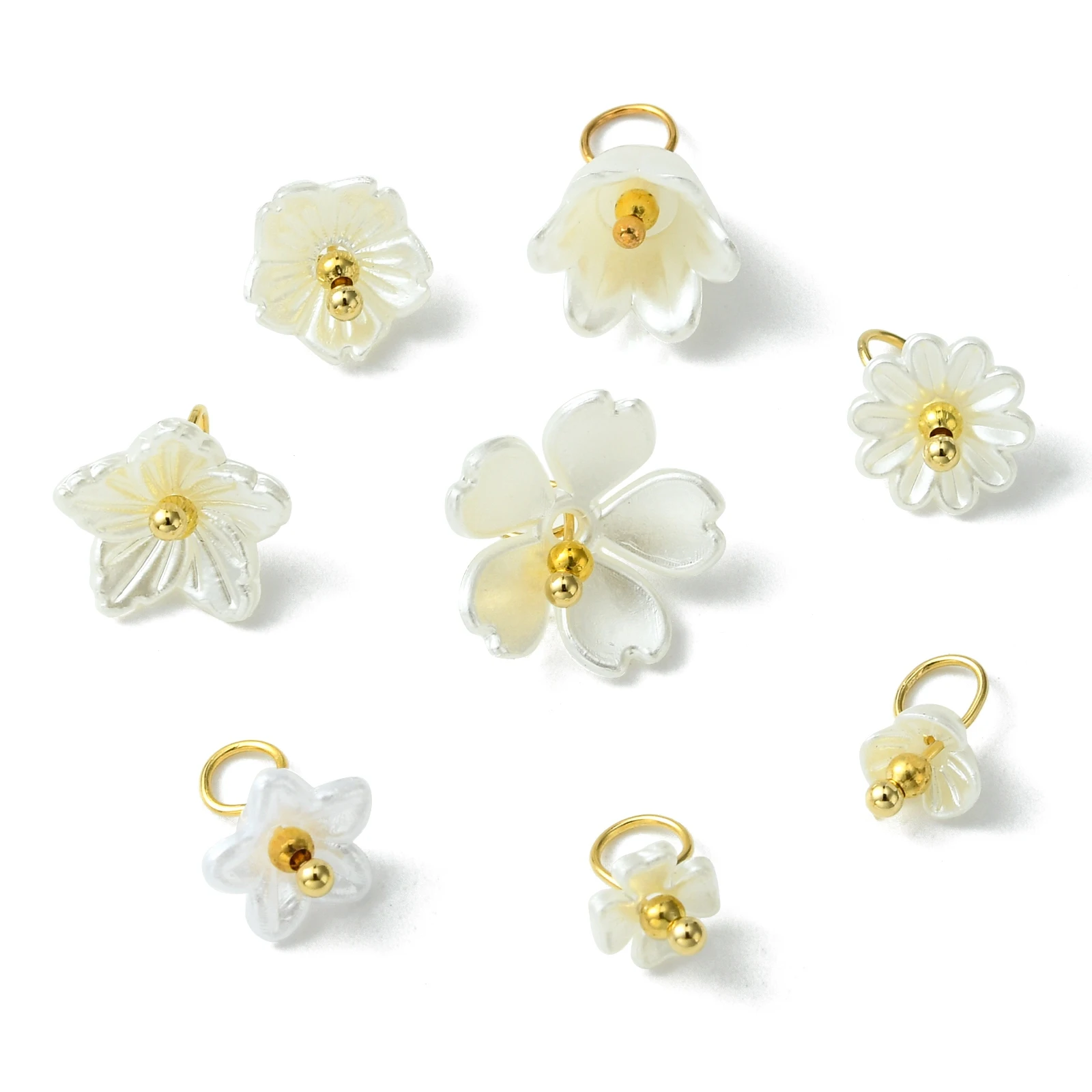 Pandahall 80Pcs 8 Styles White Flower Charms Imitated Pearl Acrylic Flower Charms for Jewelry Crafts Making