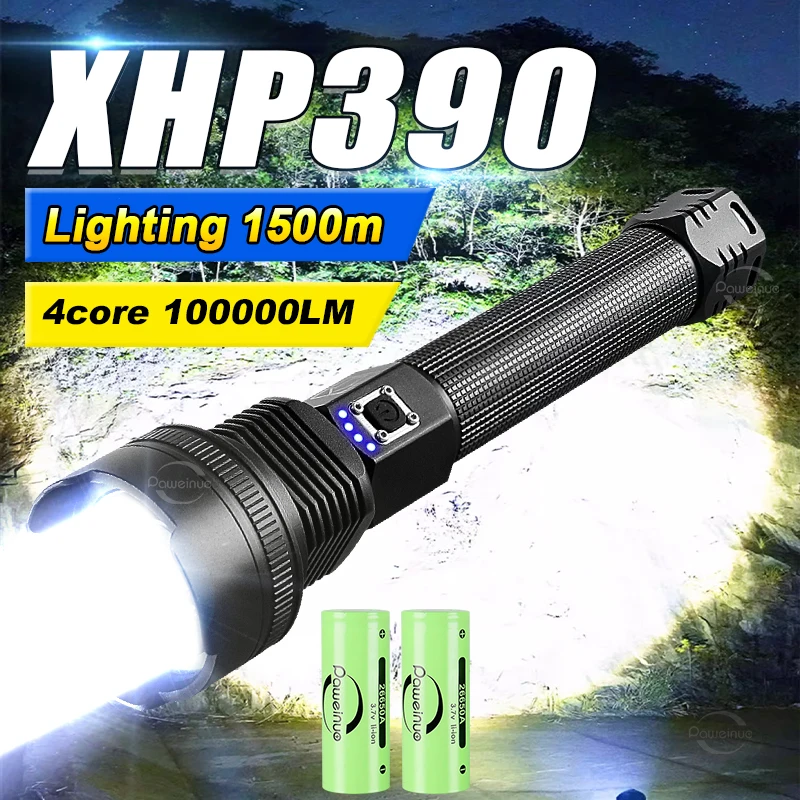 XHP390 High Power Led Flashlights 100000LM Rechargeable Strong Light Military Tactical Lantern Self Defense Emergency Led Torch