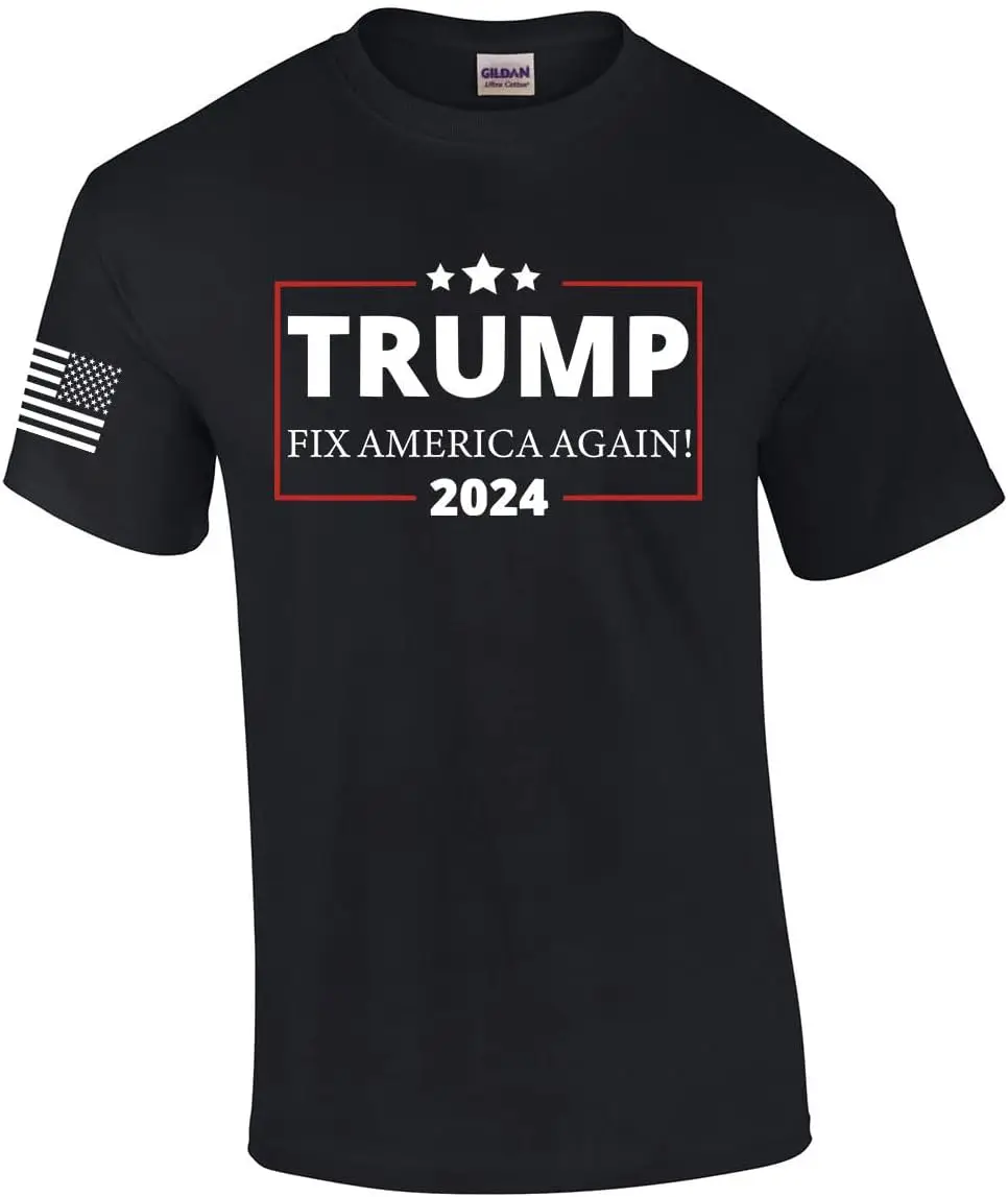 

Fix America Again Trump 2024 American Flag Sleeve Patriotic Mens T-Shirt Short Sleeve Political Graphic Tee