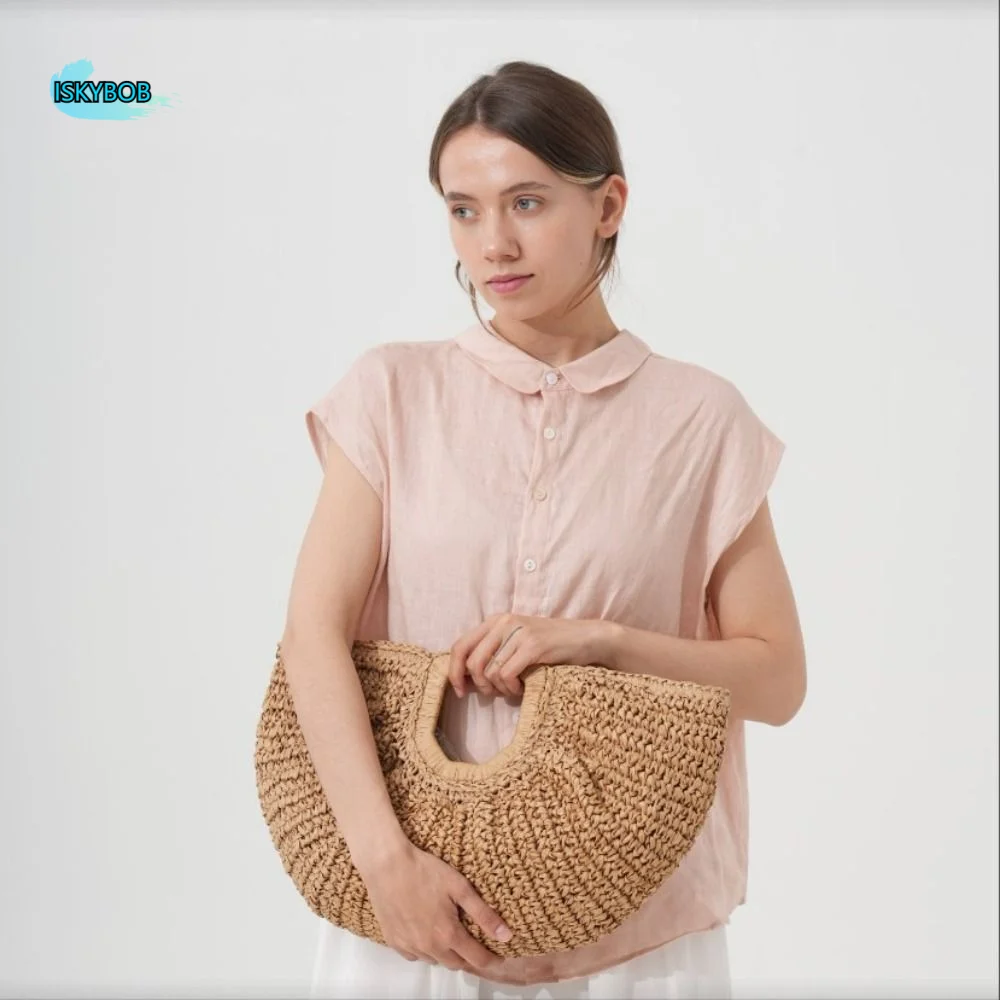 

Trendy Large Capacity Lafite Straw Bag Half Moon Handmade Grass Woven Bag Simple Wrist Circle Weave Tote Bag Summer