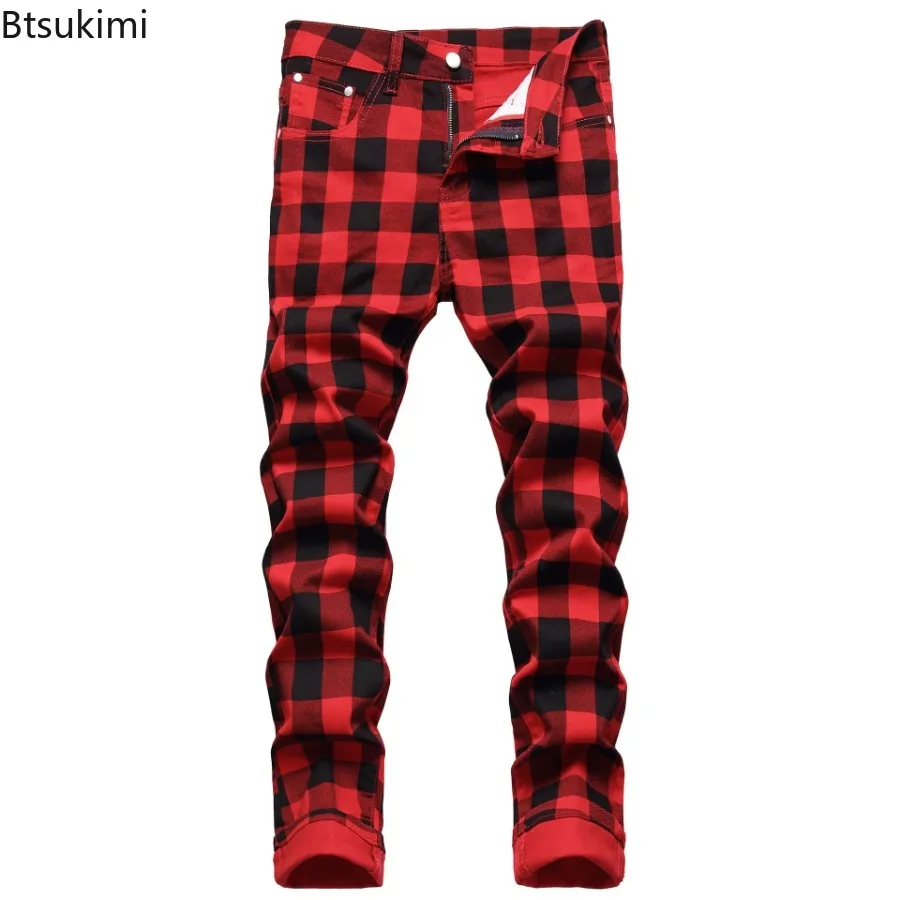 2026 Classic Plaid Print Jeans for Men Fashion Stretch Slim Fit Straight Casual Trousers  Street Style Men Denim Pants Plus Size