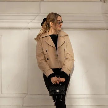 Ladies Vintage Cropped Trench Spring Autumn Jacket Women Streetwear Double Breasted Long Sleeve Top Female Chic Coat Outfits 2