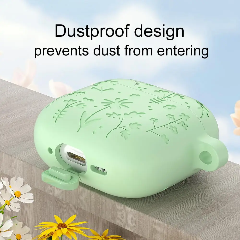 Berukir Bunga untuk Casing AirPods 4 Aksesori Kulit Silikon Pelindung dengan Gantungan Kunci & Tali Penyandang untuk Casing AirPods 4 (Biru Muda)