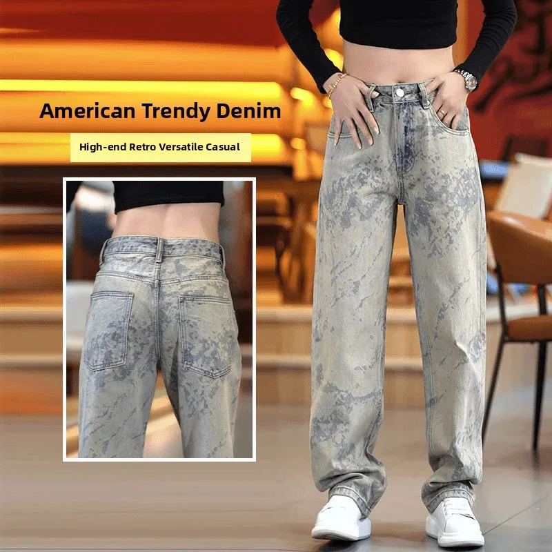 

New 2025 American High Street Trendy Brand Laser Etched Loose Straight Leg Jeans for Men Casual Fashion Urban Wear Cotton Blend