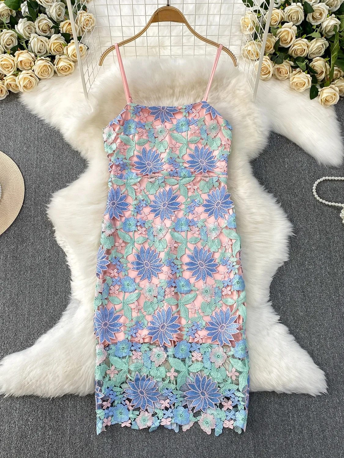 Ele Hollow out Soluble Lace Strap Dr Women's Summer Vaion High Waist Slimming Morning Robe Gown Long Dr