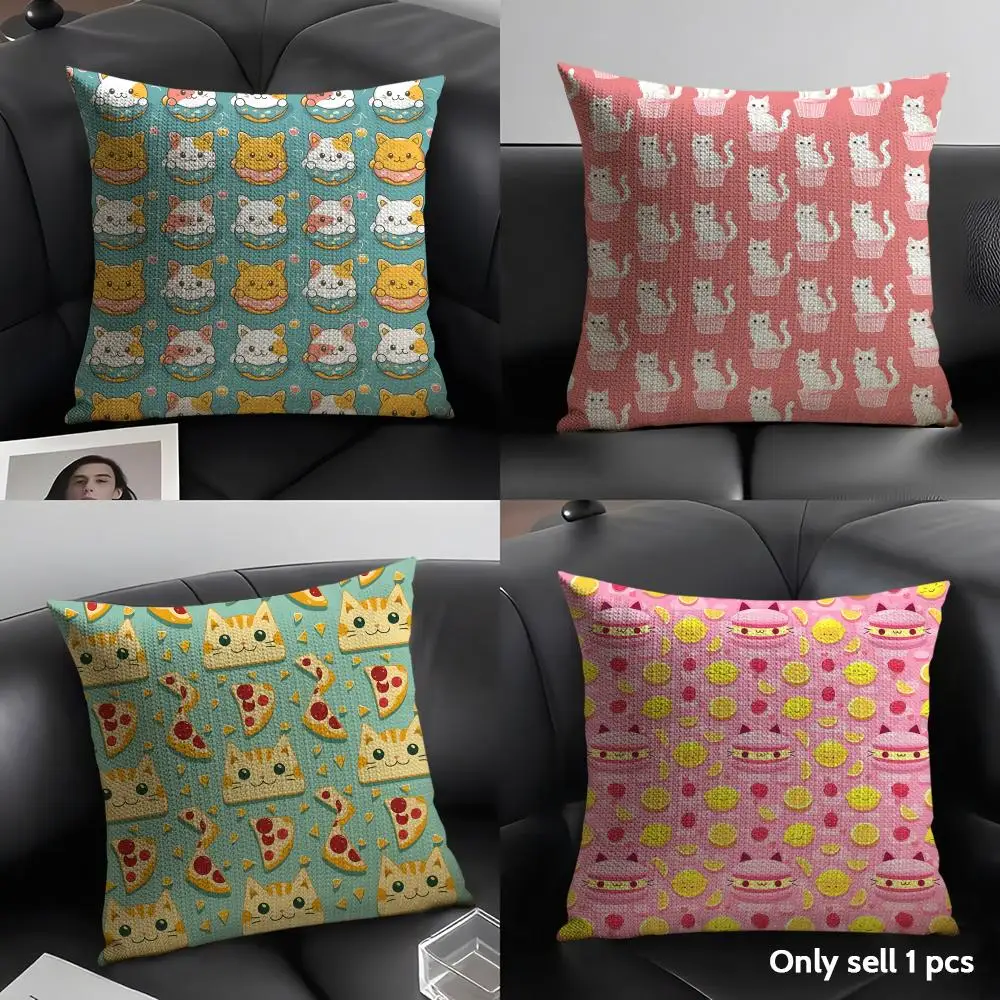 Cat cake pattern Cushion Cover Natural Linen Organic Fabric Double-Sided Printing Breathable Perfect Gift for Decor