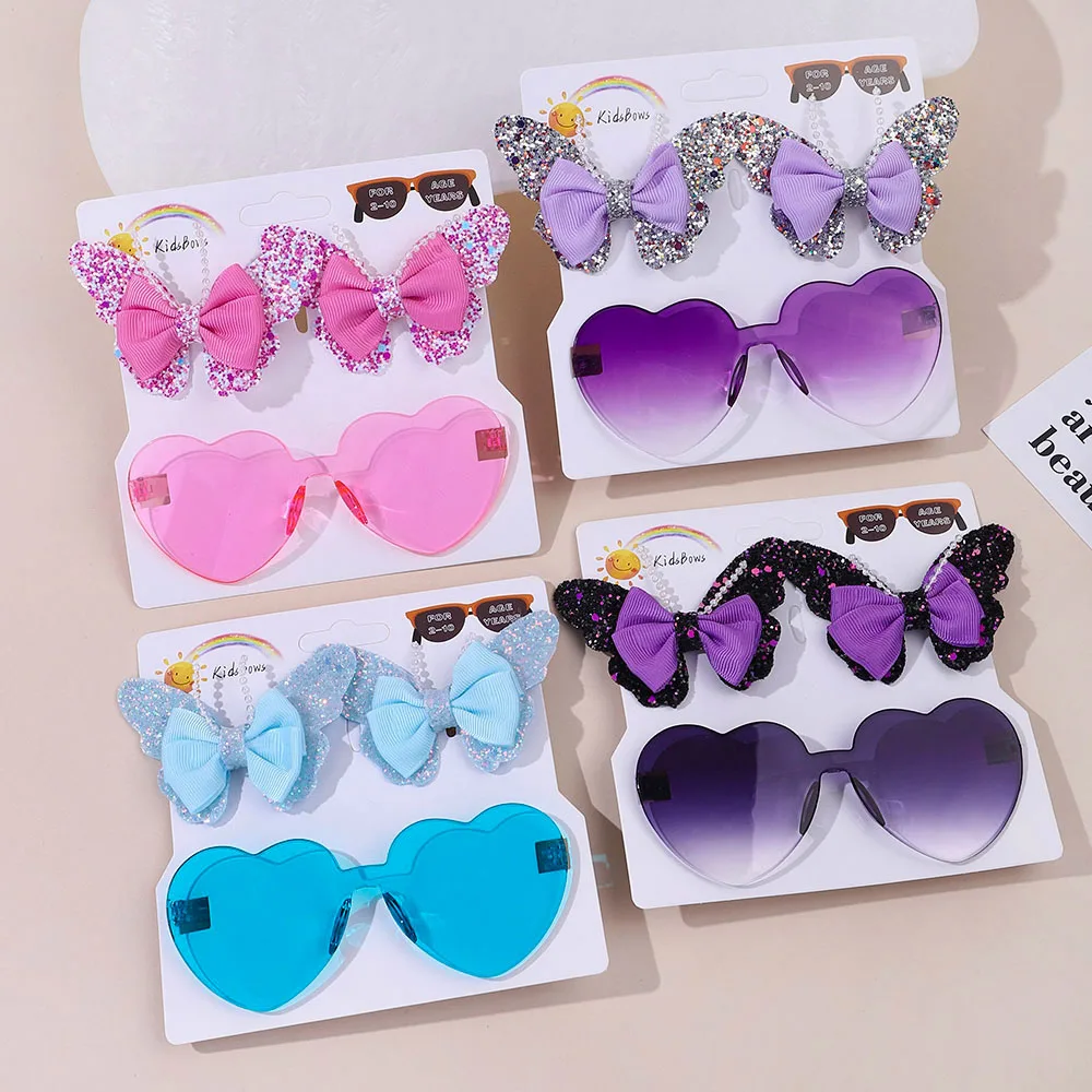 Lovely Sparkling Butterfly Hair Clip Hair Accessories Glasses Set Fashion Wave Point Kids Hairgripes Love Glasses Girls Headwear