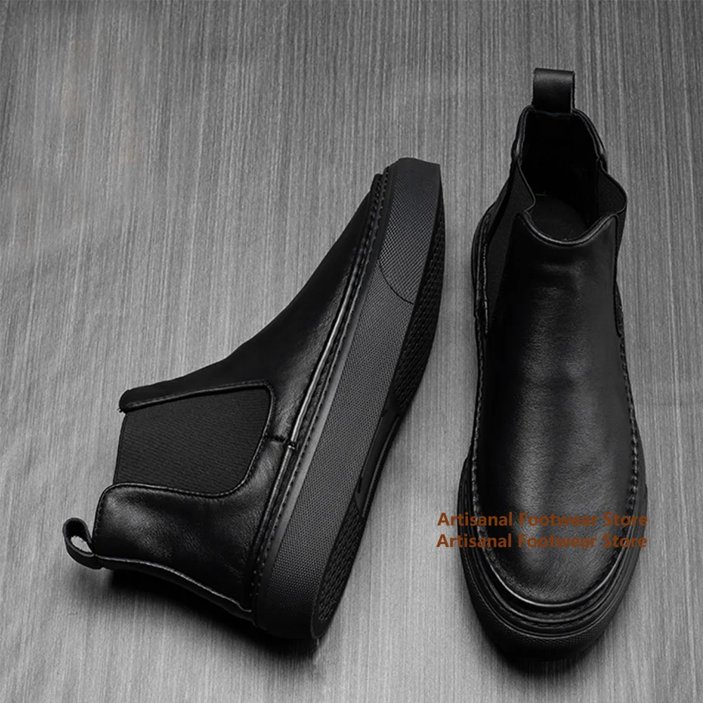 

Thick-Soled High-Top Men's Boots Black/brown Leather Elastic Band Ankle Booties Soft Leather Trendy Handmade Men's Shoes