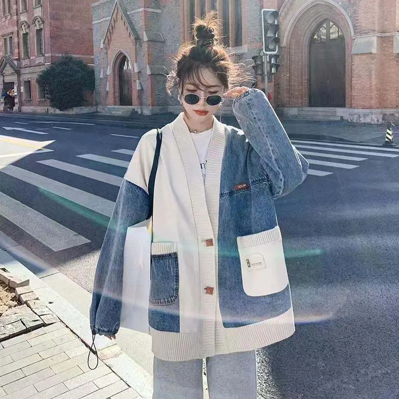 

Denim Jacket Spring 2023 Men's And Women's Late Autumn Top Hong Kong Flavor New Ins Trendy Women's Knitted Cardigan Loose Coat