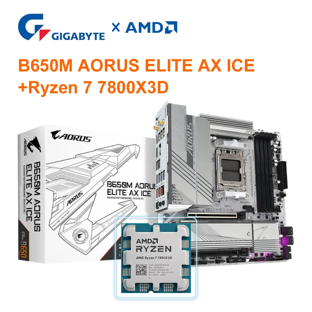 AMD RYZEN 7 7800X3D + GIGABYTE B650M AORUS ELITE AX ICE Kit AMD B650 Socket AM5 White Micro-ATX Motherboard B650+7800X3D Set