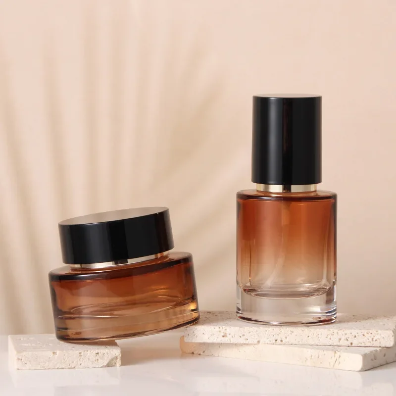 30ml 40ml 100ml Gradient Coffee Glass Lotion Spray Bottle Gold Pump Shiny Black Lid 50G Empty Flat Round Skincare Cream Jars