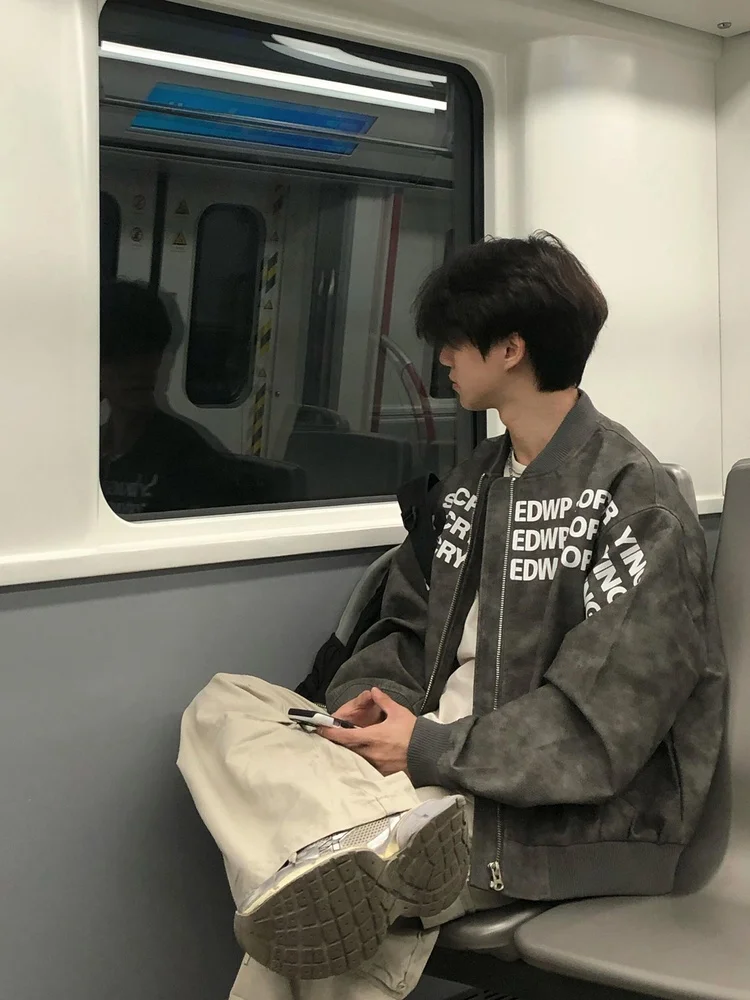 

Korean Sle Baseball Jaet Men's ort ape Outerwear Letter Print Hiphop Flight Jaet American High End Feeling Autumn