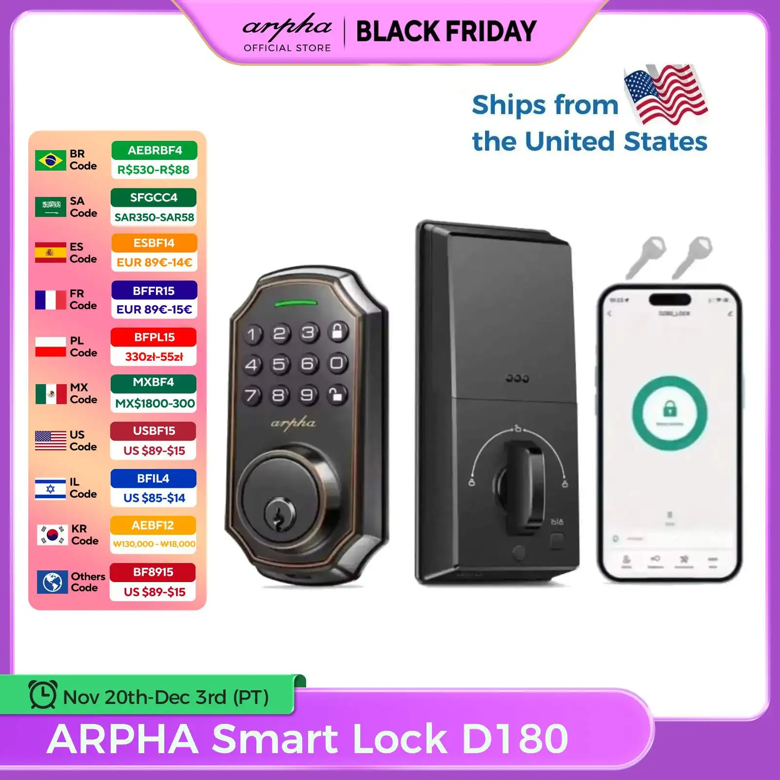 

Arpha Smart Door Lock ‎Keyless Entry Lock w/ 100 Code 16-Digit Anti Peeping Password Electronic Deadbolt Easy to Install D180