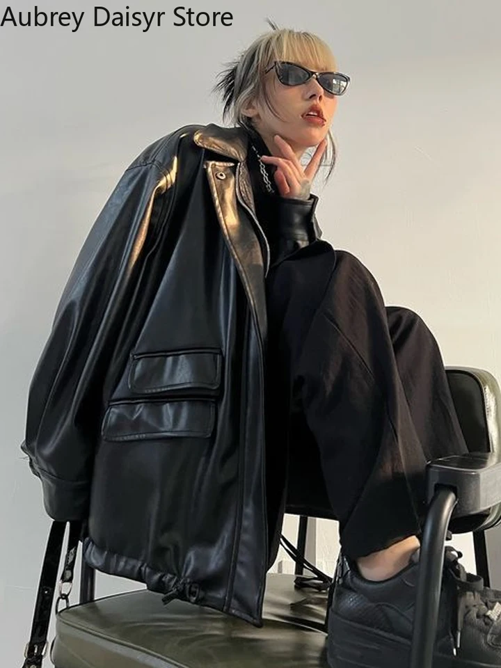 Winter Black Punk Leather Jacket Women Streetwear Moto Biker