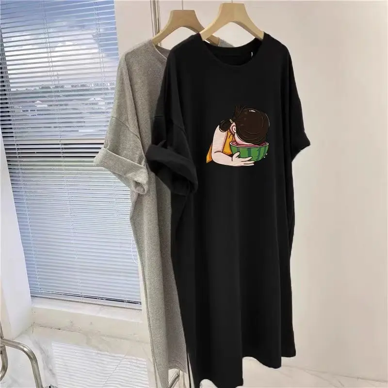 ผ้าฝ้ายแขนสั้น O-คอเสื้อยืดผู้หญิงฤดูร้อนหลวมแฟชั่นการ์ตูนพิมพ์ชุดเข่า