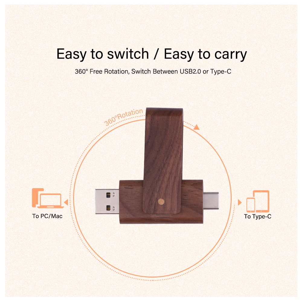 USB3.0 Wooden TYPE-C USB 3.0 Flash Drive 128GB Rotatable Pen Drive 64GB USB-C Memory Stick business Gift Pendrive 32GB U disk 8G