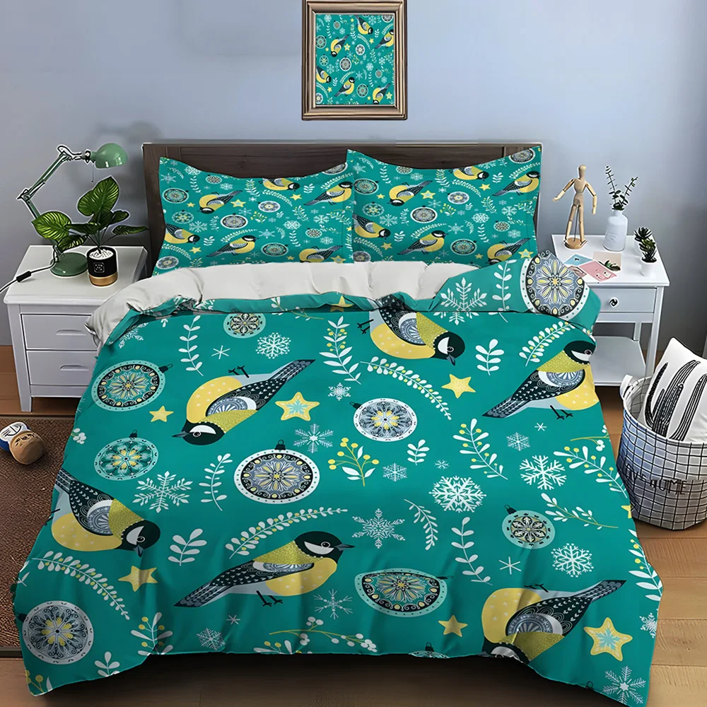 3pcs Christmas birds and ornaments Pattern Duvet Cover Set Digital Print Polyester Bedding with Zipper Closur for kids gifts